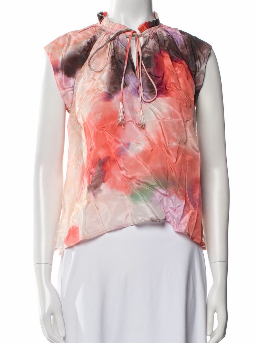 Sleeveless Tie-Neck Blouse in Coral Multi Watercolor